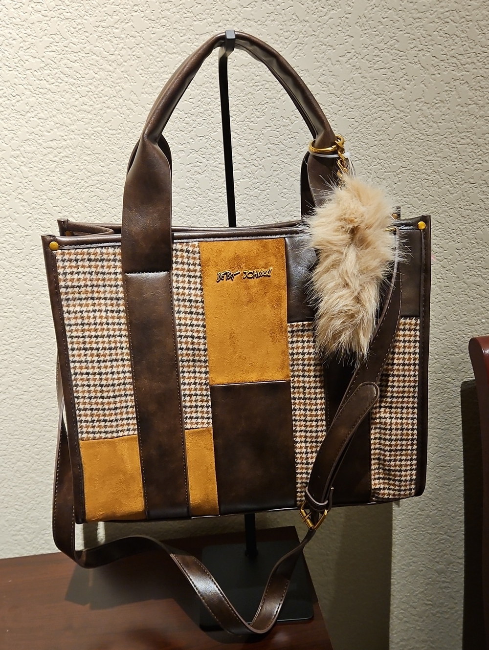 Betsey Johnson Brown Houndstooth Patchwork Shoulder Bag